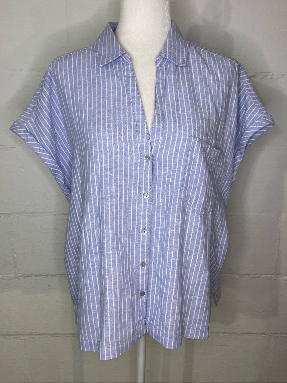 C&C California Blue and White Striped Short-Sleeve Button-Up Shirt